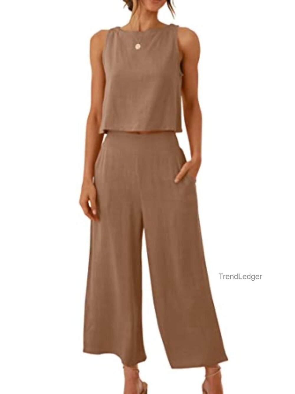 Women's 2 Piece Linen Set Sleeveless Crop Top Wide Leg Cropped Pants